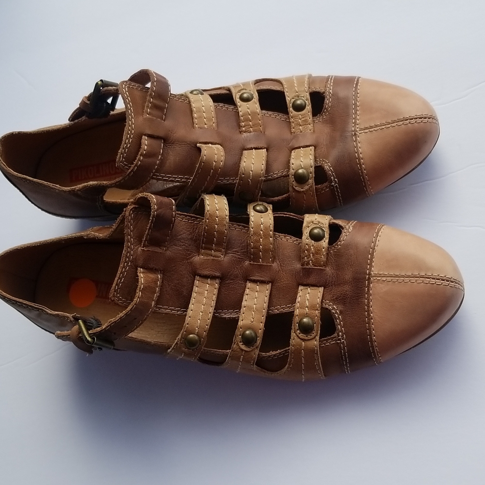 Pikolinos Leather Wedge Sandals Shoes Women's Brown Tan Heels